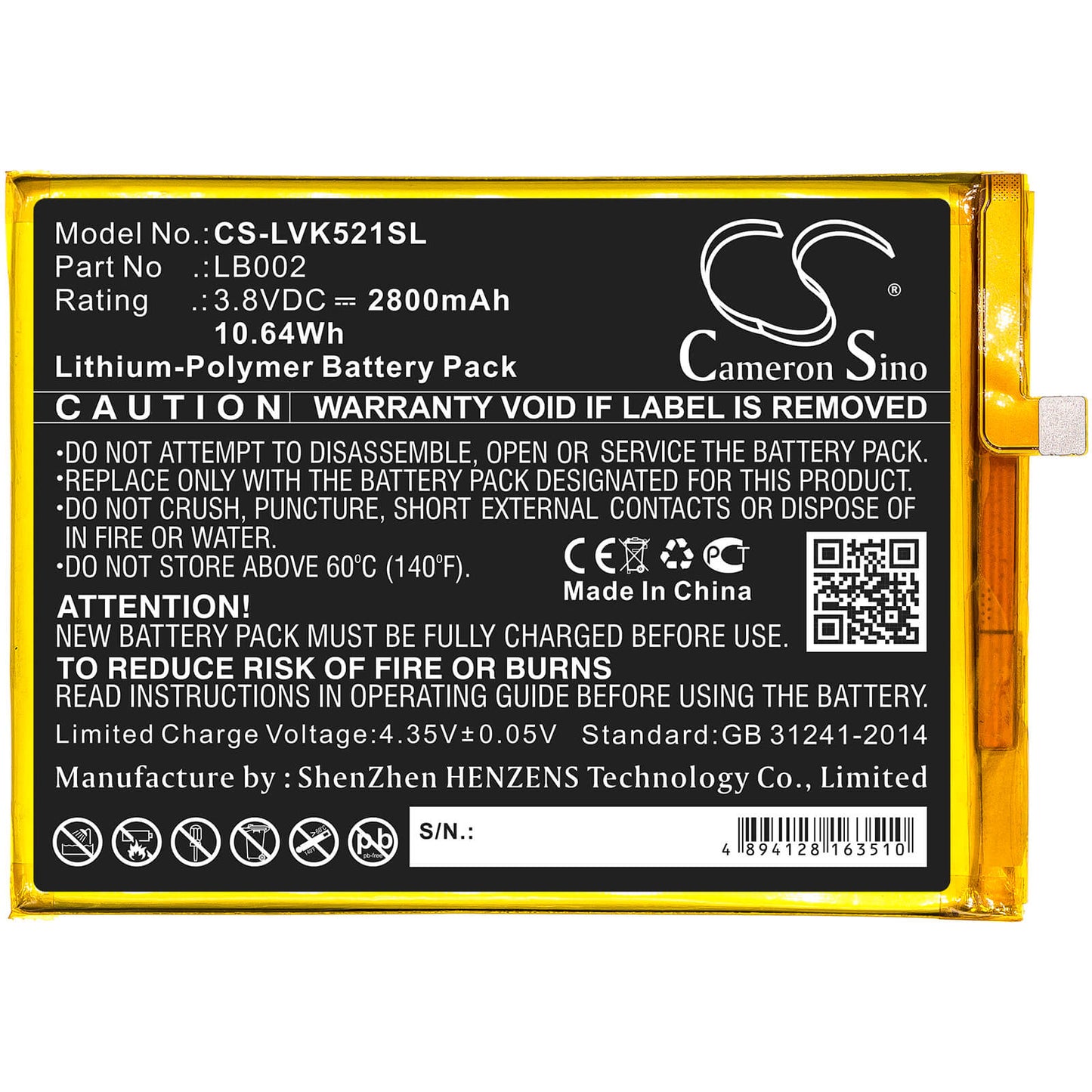 3.8V, 2800mAh, Li-Polymer Battery fits Lenovo, K520, K520t Pro, 10.64Wh