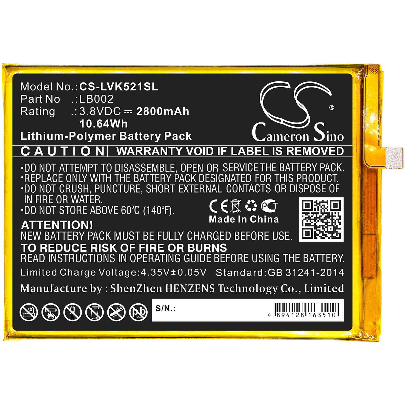 3.8V, 2800mAh, Li-Polymer Battery fits Lenovo, K520, K520t Pro, 10.64Wh