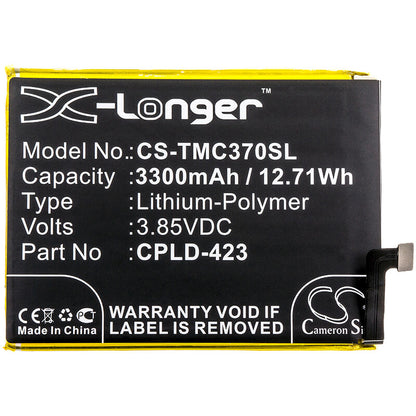 3.85V, 3300mAh, Li-Polymer Battery fits T-mobile, C3701a, Revvl Plus, 12.705Wh