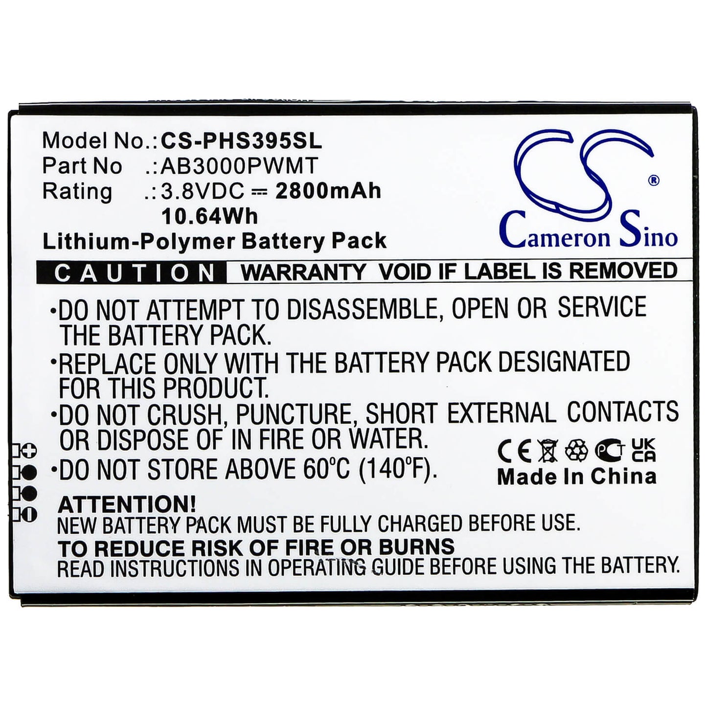 3.8V, 2800mAh, Li-Polymer Battery fits Philips, Cts395, Xenium S395, 10.64Wh