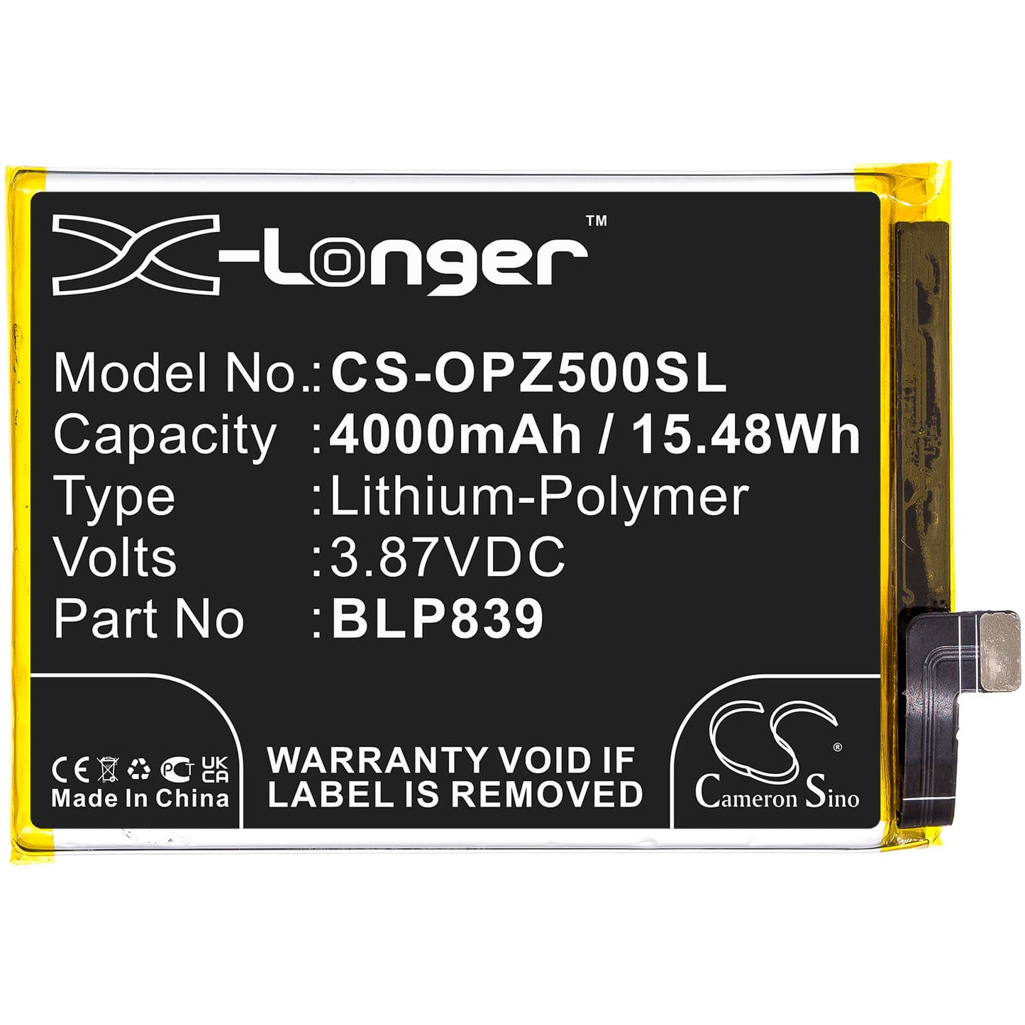 3.87V, 4000mAh, Li-Polymer Battery fits Oppo, 2213, A94 5g, 15.48Wh