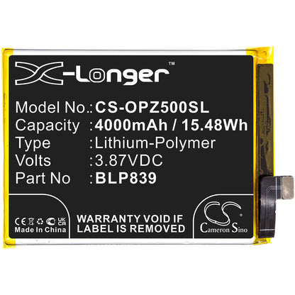 3.87V, 4000mAh, Li-Polymer Battery fits Oppo, 2213, A94 5g, 15.48Wh