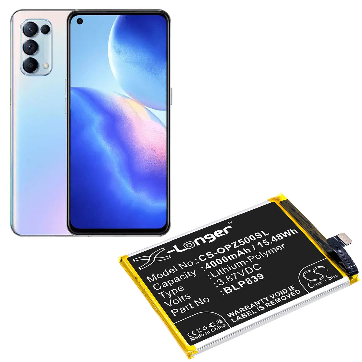 3.87V, 4000mAh, Li-Polymer Battery fits Oppo, 2213, A94 5g, 15.48Wh