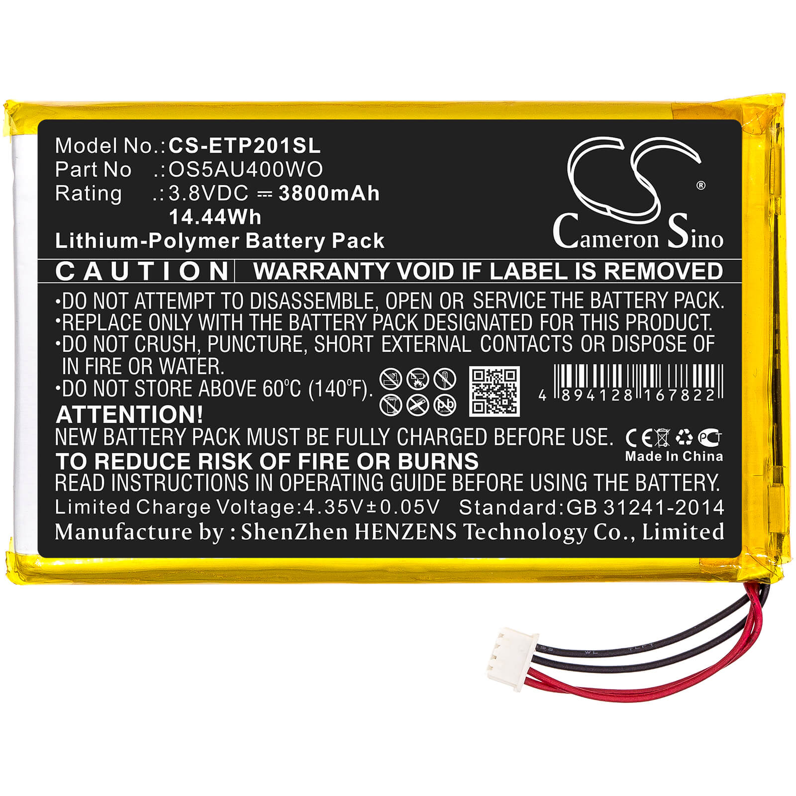 3.8V, 3800mAh, Li-Polymer Battery fits Enspert, Esp E201u, Identity 7, 14.44Wh