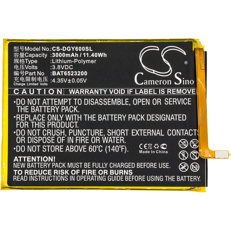 3.8V, 3000mAh, Li-Polymer Battery fits Doogee, Y6, Y6c, 11.4Wh