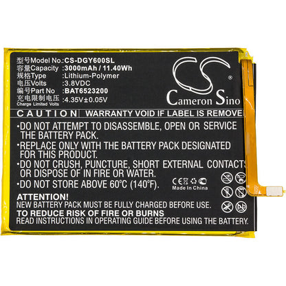 3.8V, 3000mAh, Li-Polymer Battery fits Doogee, Y6, Y6c, 11.4Wh