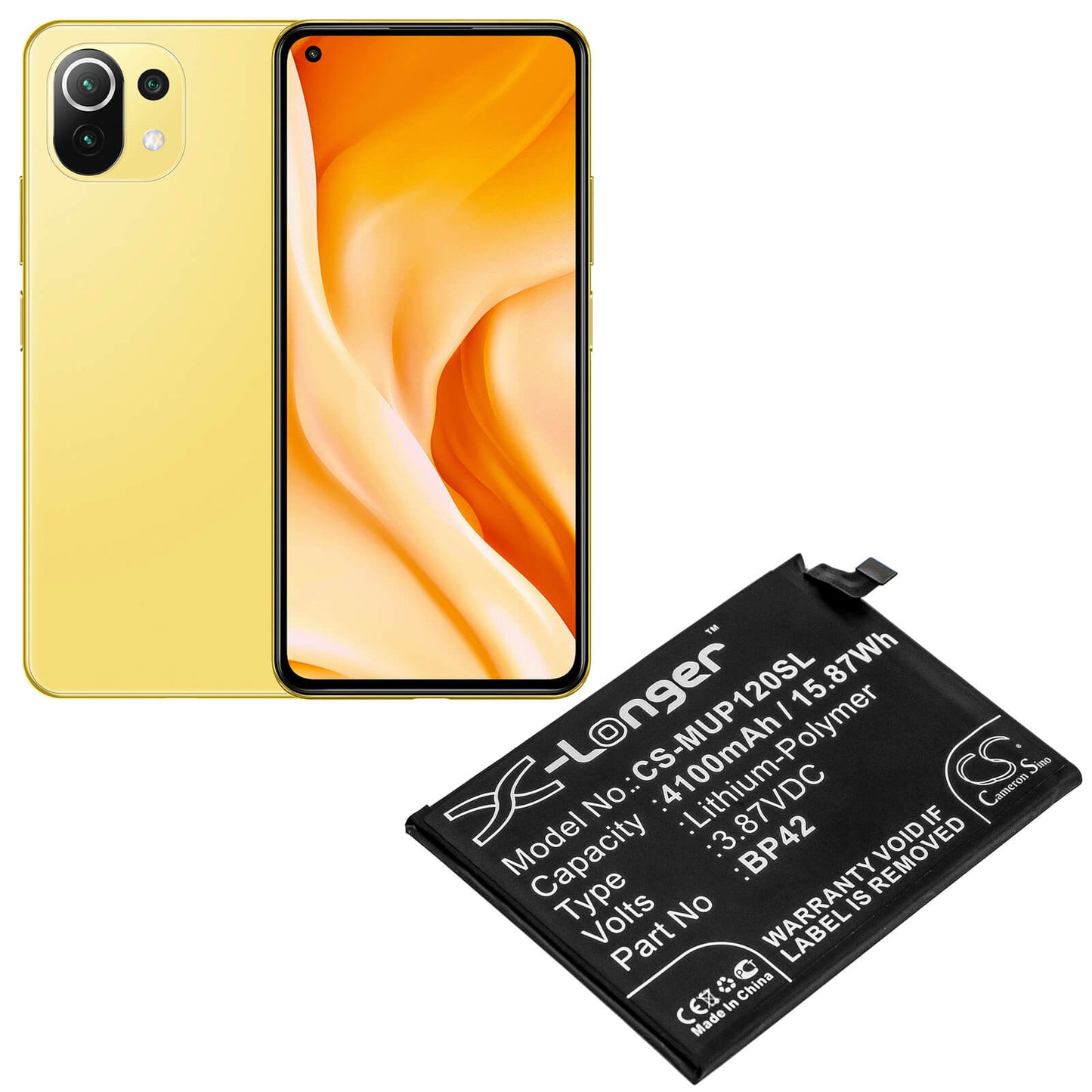 3.87V, 4100mAh, Li-Polymer Battery fits Xiaomi, M2101k9ag, M2101k9c, 15.867Wh
