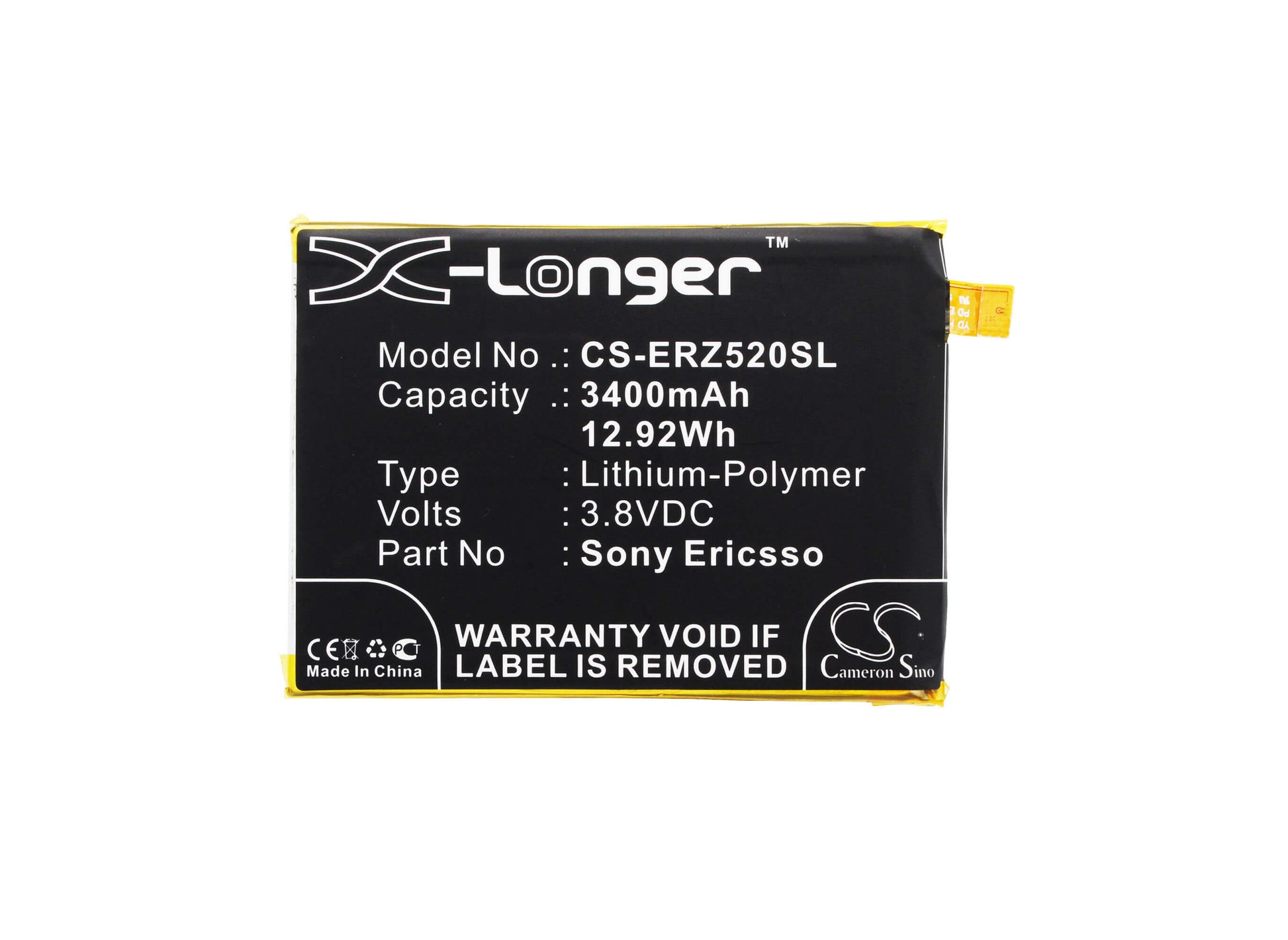 3.8V, 3400mAh, Li-Polymer Battery fits Sony, E6853, E6883, 12.92Wh