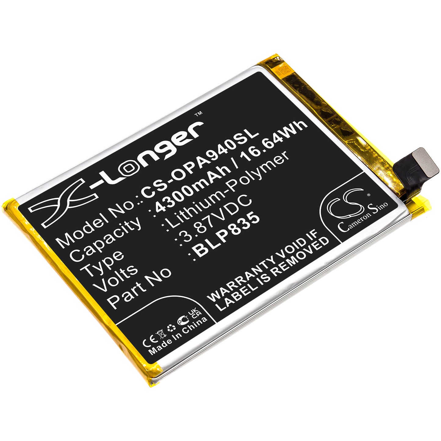 3.87V, 4300mAh, Li-Polymer Battery fits Oppo, A94, A94 2021, 16.641Wh