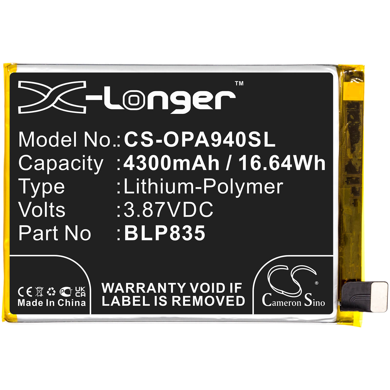 3.87V, 4300mAh, Li-Polymer Battery fits Oppo, A94, A94 2021, 16.641Wh