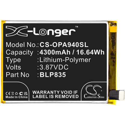 3.87V, 4300mAh, Li-Polymer Battery fits Oppo, A94, A94 2021, 16.641Wh