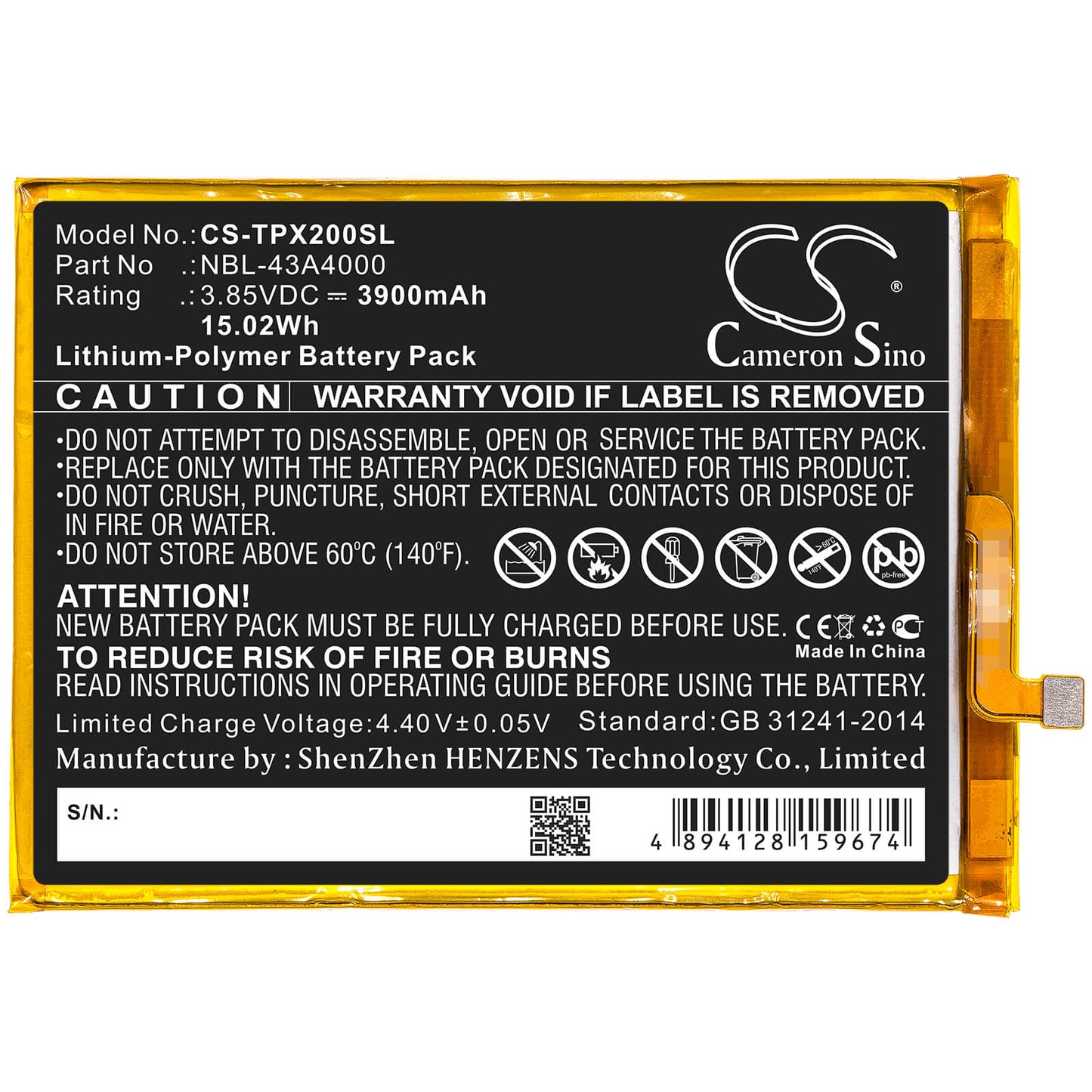 3.85V, 3900mAh, Li-Polymer Battery fits Tp-link, Neffos X20, Neffos X20 Pro, 15.015Wh