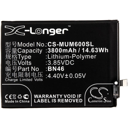 3.85V, 3800mAh, Li-Polymer Battery fits Xiaomi, Redmi Note 6, 14.63Wh