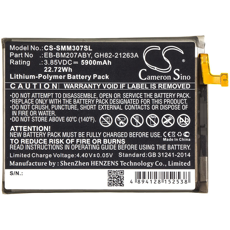3.85V, 5900mAh, Li-Polymer Battery fits Samsung, Galaxy M30s, Sm-m307f, 22.715Wh