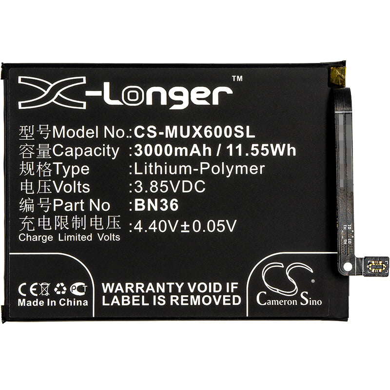 3.85V, 3000mAh, Li-Polymer Battery fits Xiaomi, M1804d2sc, M1804d2se, 11.55Wh