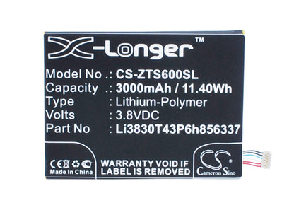 3.8V, 3000mAh, Li-Polymer Battery fits Blackberry, Aurora, Aurora 5.5, 11.4Wh