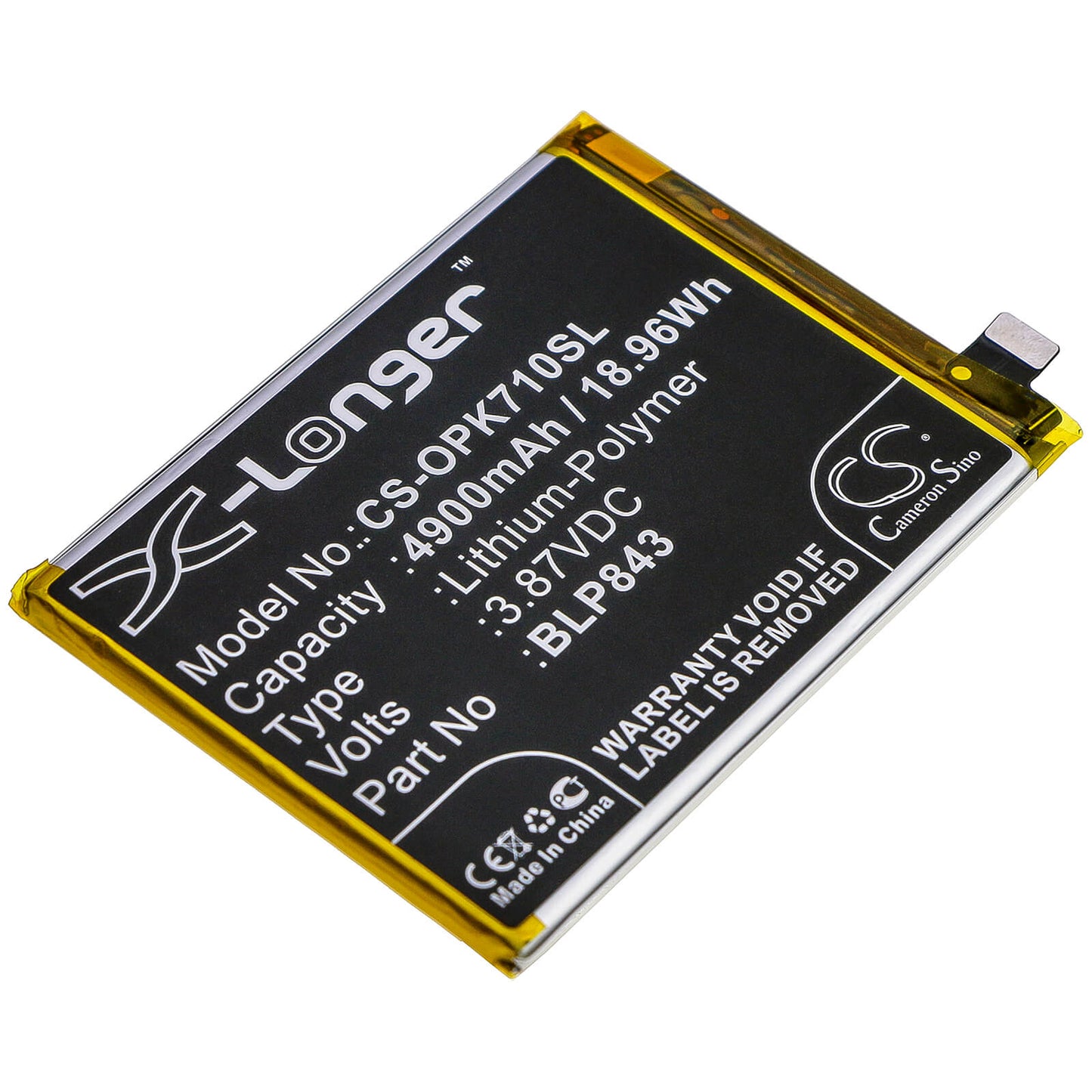 3.87V, 4900mAh, Li-Polymer Battery fits Oppo, K7x, K7x 2020 5g, 18.963Wh