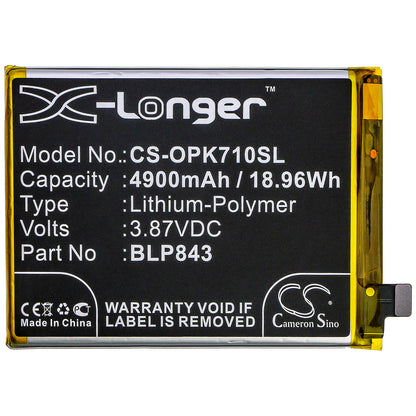 3.87V, 4900mAh, Li-Polymer Battery fits Oppo, K7x, K7x 2020 5g, 18.963Wh