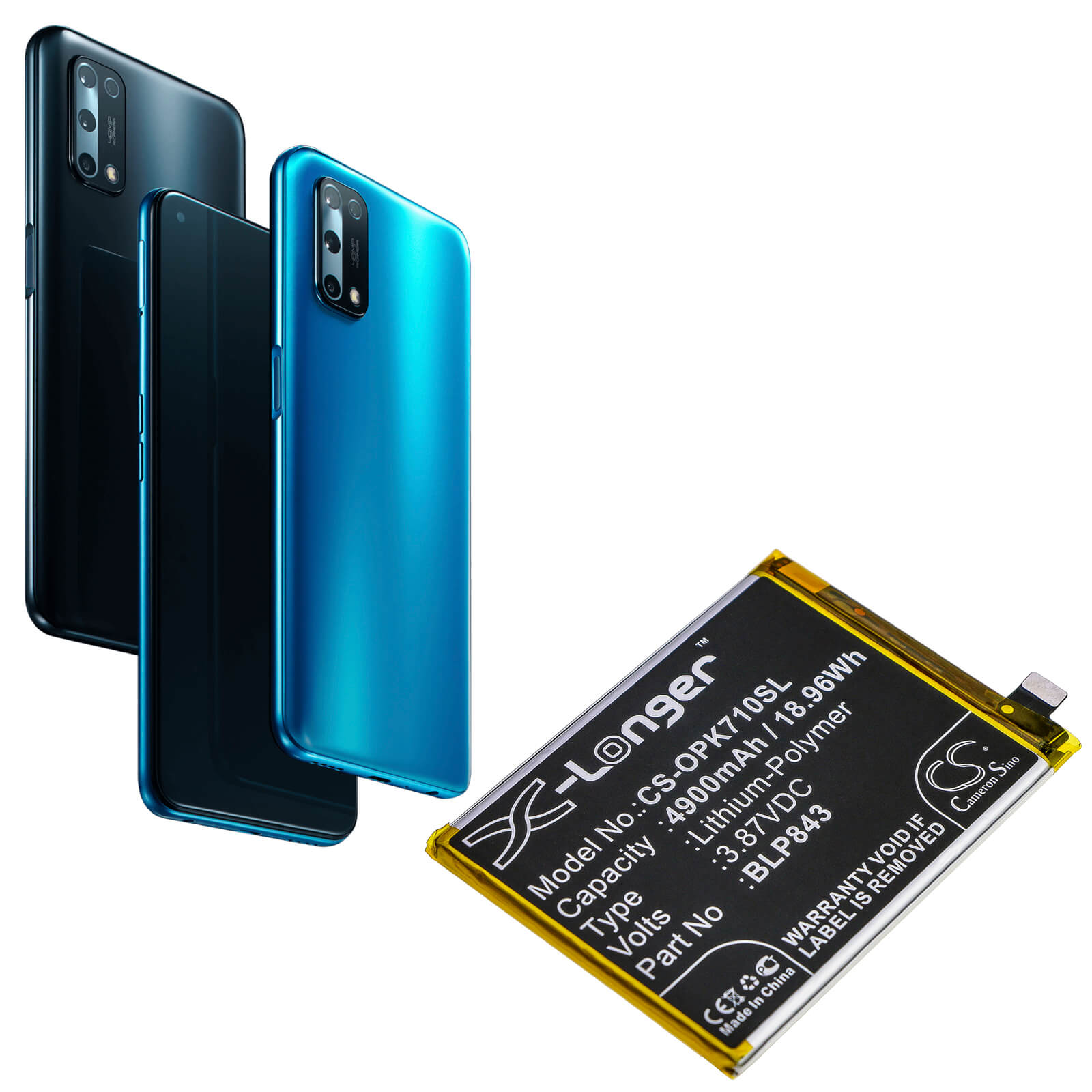 3.87V, 4900mAh, Li-Polymer Battery fits Oppo, K7x, K7x 2020 5g, 18.963Wh