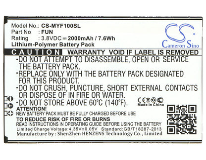 3.8V, 2000mAh, Li-Polymer Battery fits Myphone, Fun, 7.6Wh