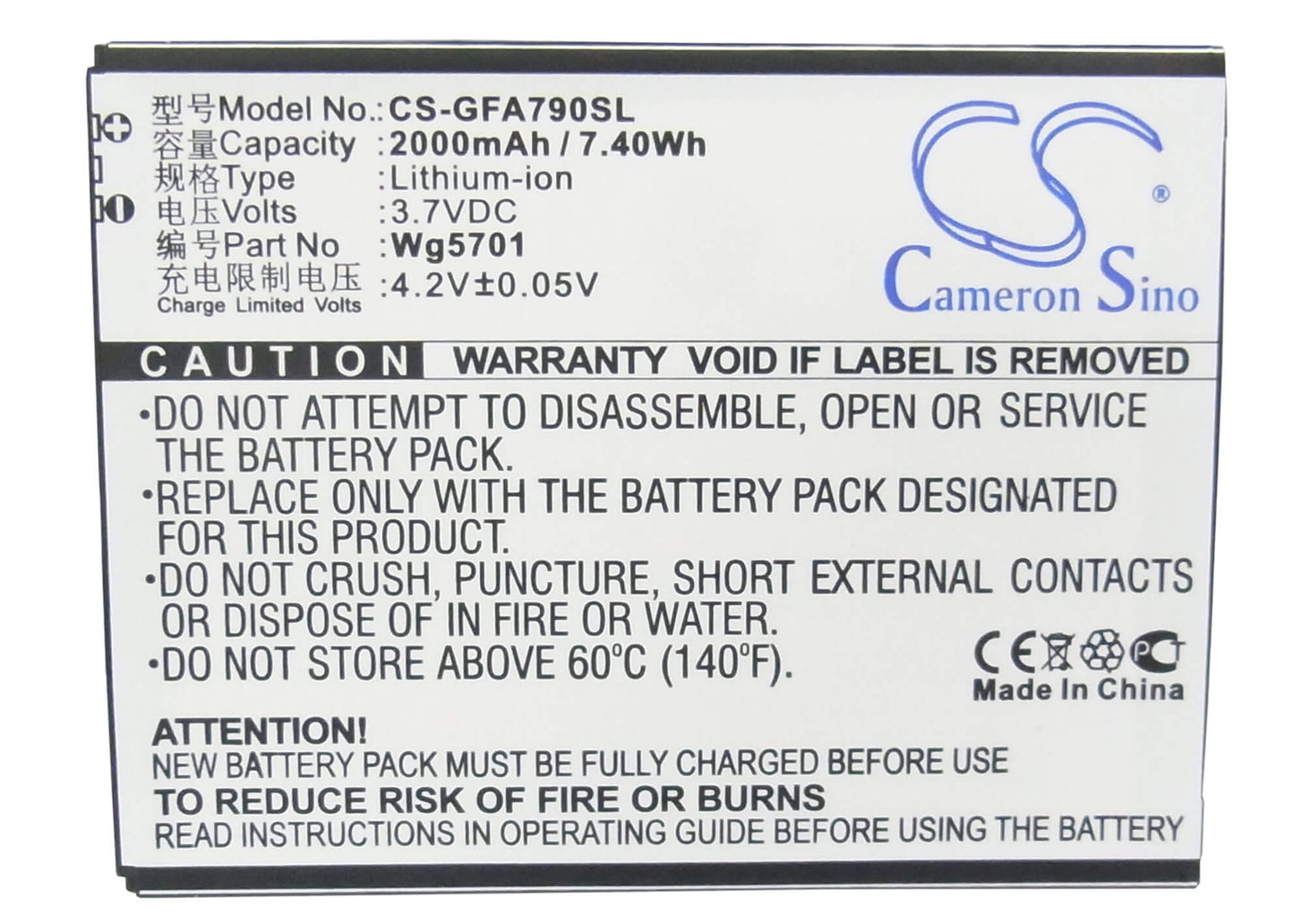 3.7V, 2000mAh, Li-ion Battery fits Gfive, A79+, G7, 7.4Wh