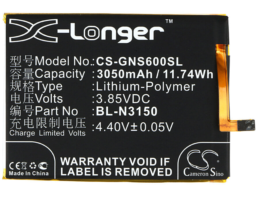 3.85V, 3050mAh, Li-Polymer Battery fits Gionee, Elife S6, Gn9010, 11.7425Wh