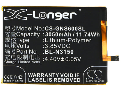 3.85V, 3050mAh, Li-Polymer Battery fits Gionee, Elife S6, Gn9010, 11.7425Wh