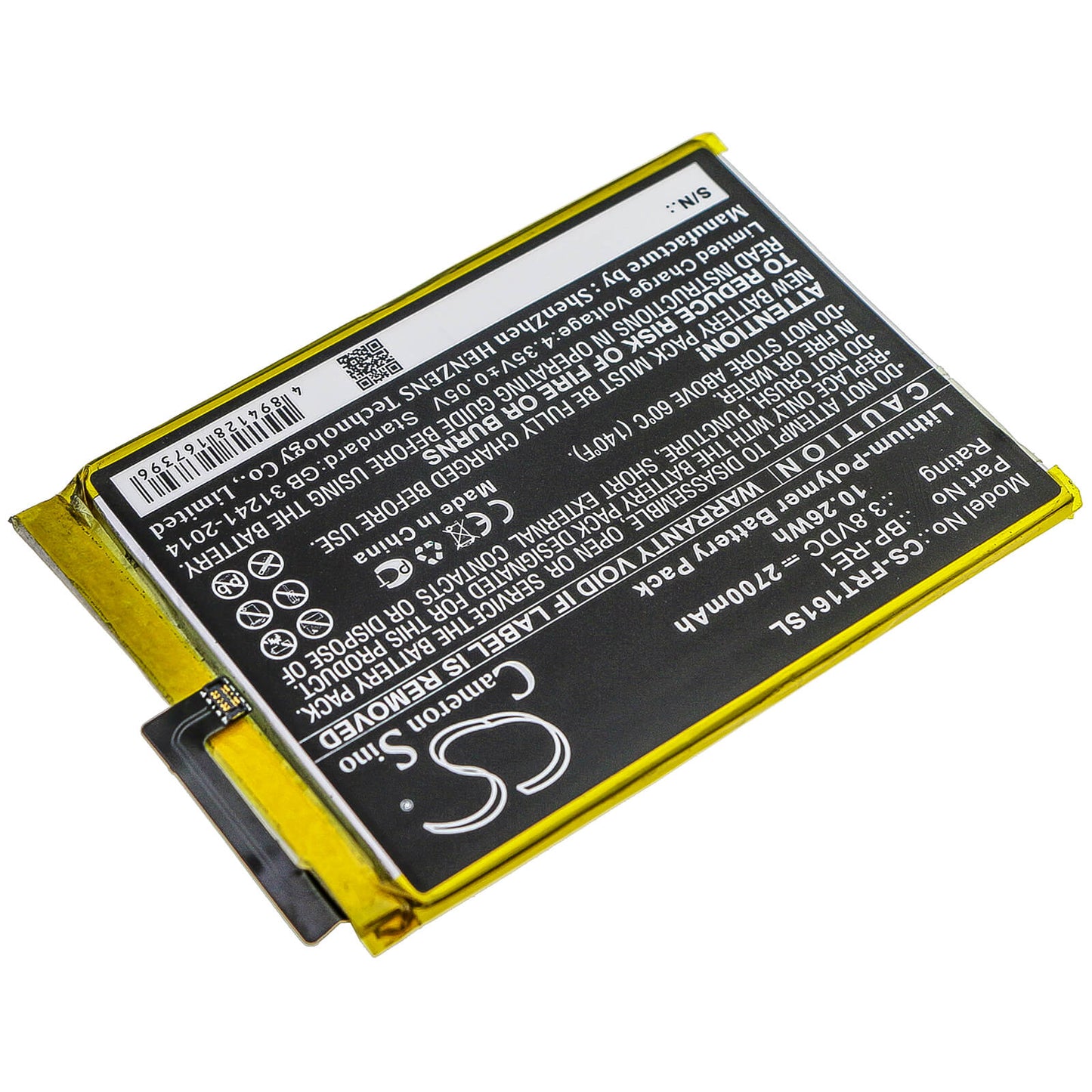 3.8V, 2700mAh, Li-Polymer Battery fits Freetel, Ftj161b, Ftj161b-rei, 10.26Wh