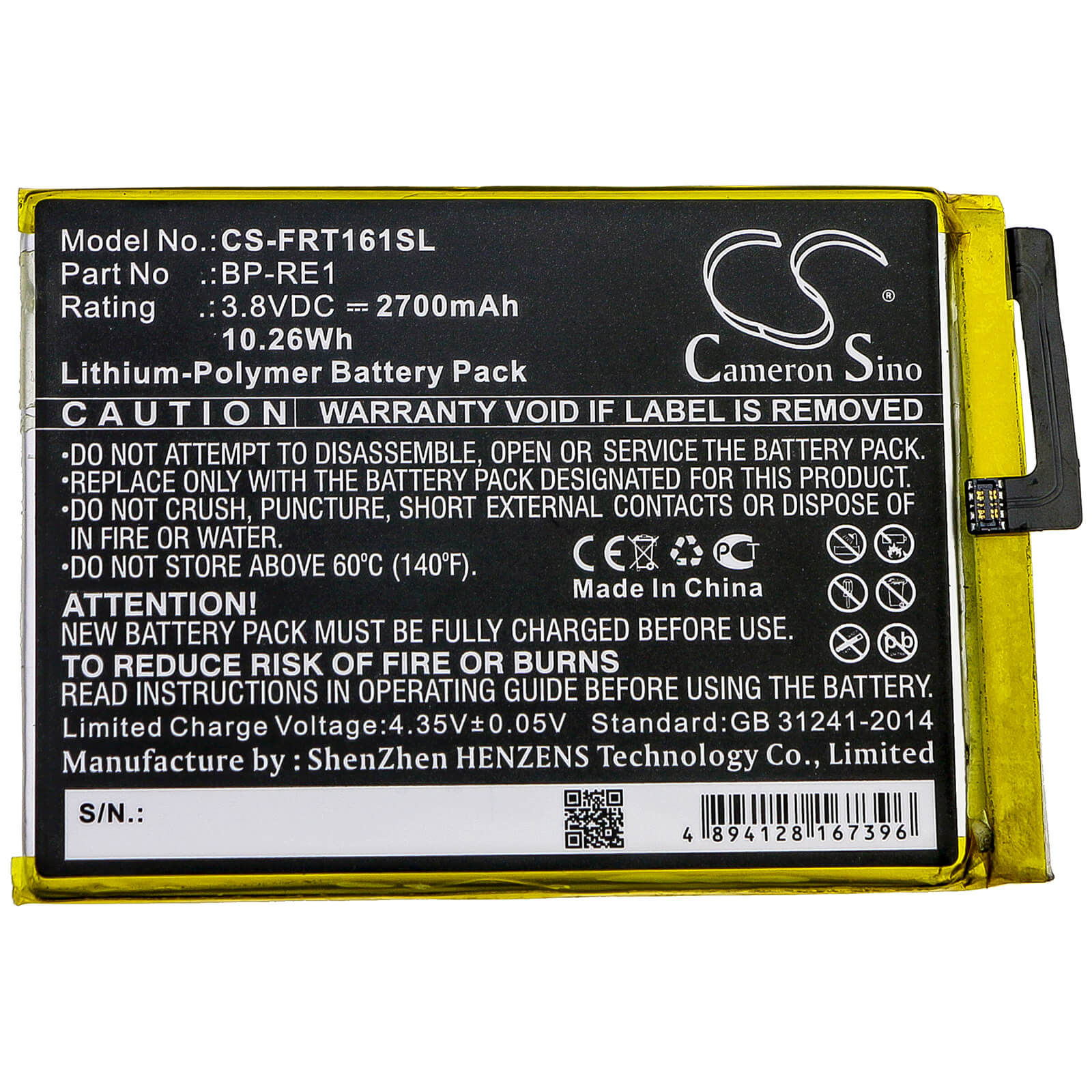 3.8V, 2700mAh, Li-Polymer Battery fits Freetel, Ftj161b, Ftj161b-rei, 10.26Wh