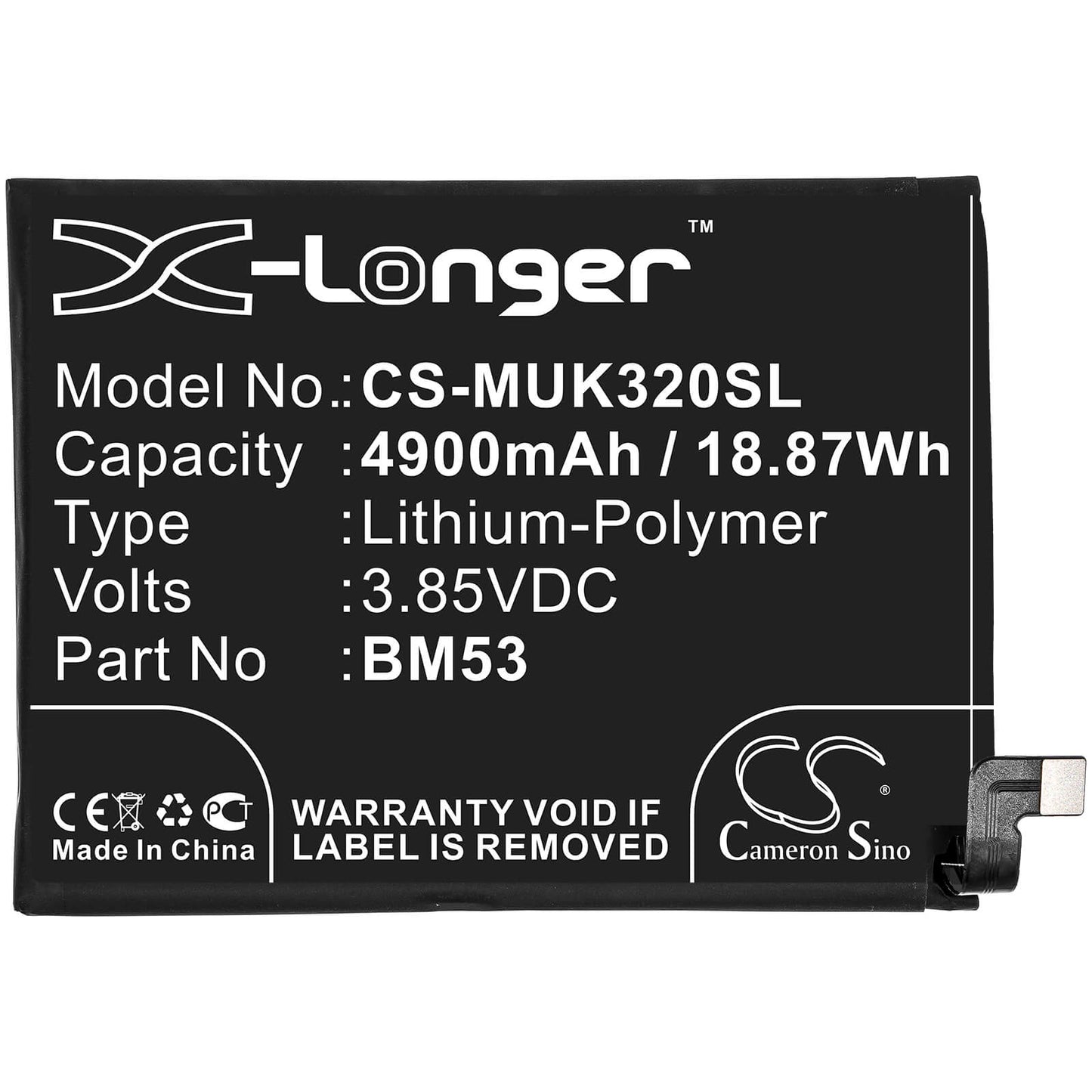 3.85V, 4900mAh, Li-Polymer Battery fits Xiaomi, M2007j3sy, Mi 10t 5g, 18.865Wh