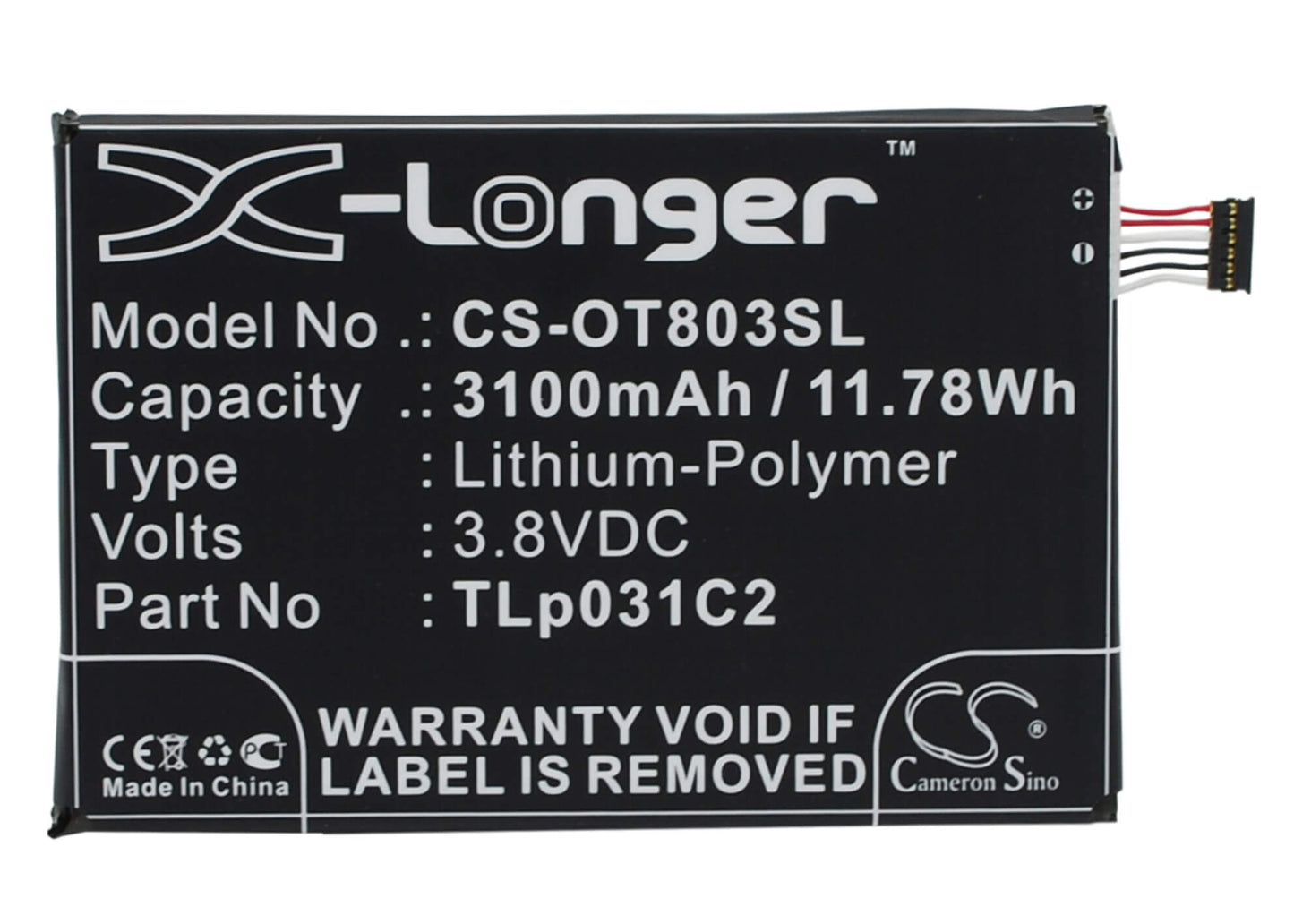 3.8V, 3100mAh, Li-Polymer Battery fits Alcatel, M811, M812, 11.78Wh