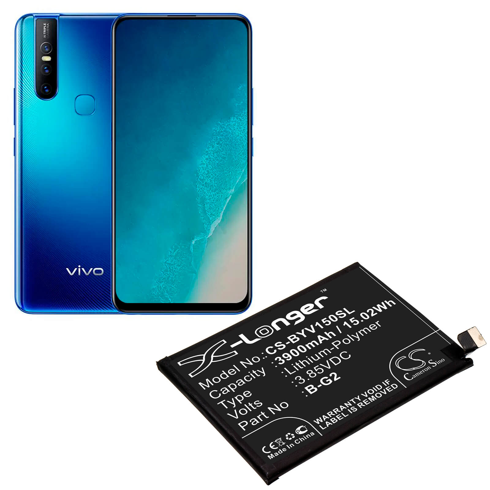 3.85V, 3900mAh, Li-Polymer Battery fits Vivo, V15, V1831, 15.015Wh