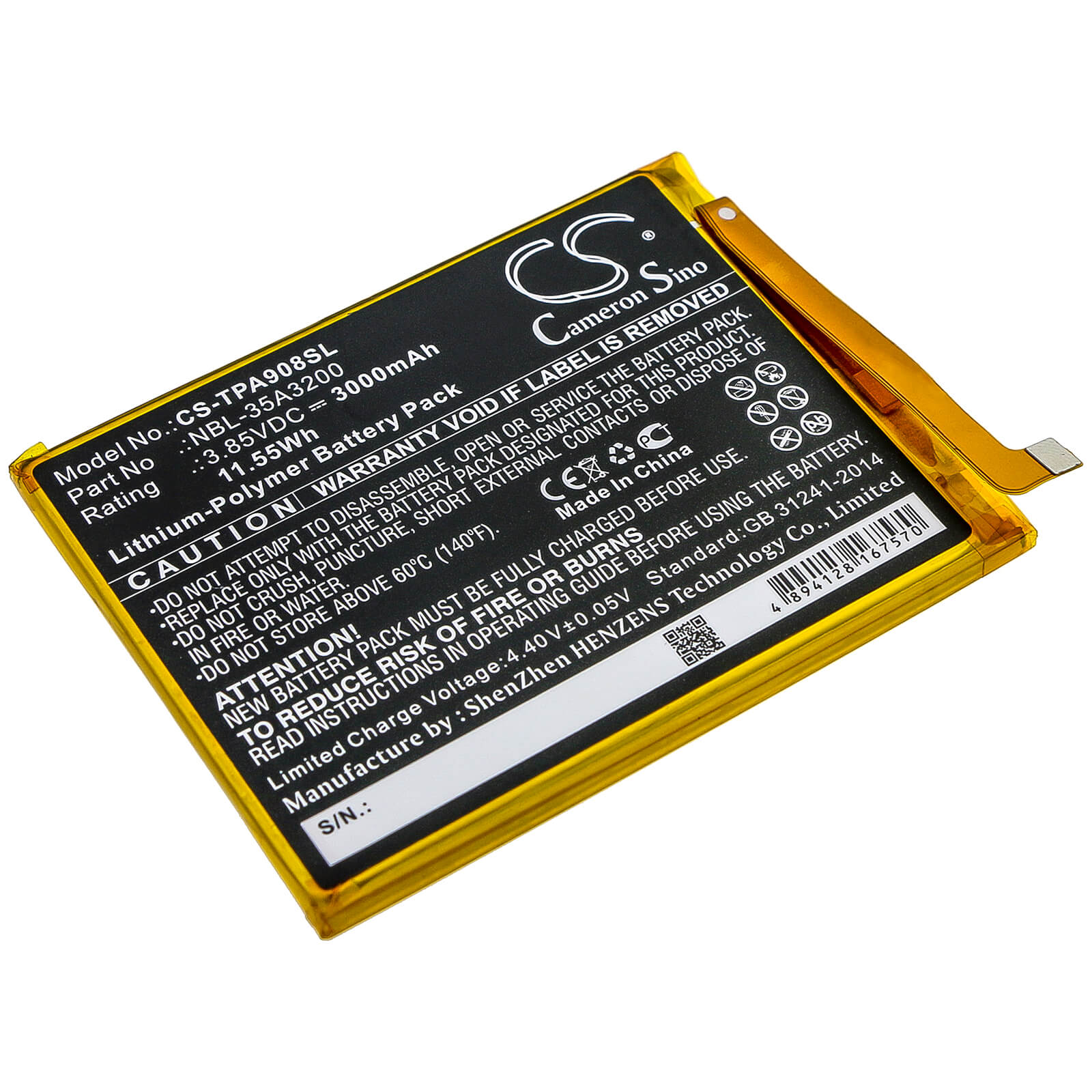 3.85V, 3000mAh, Li-Polymer Battery fits Neffos, N1, Tp908a, 11.55Wh