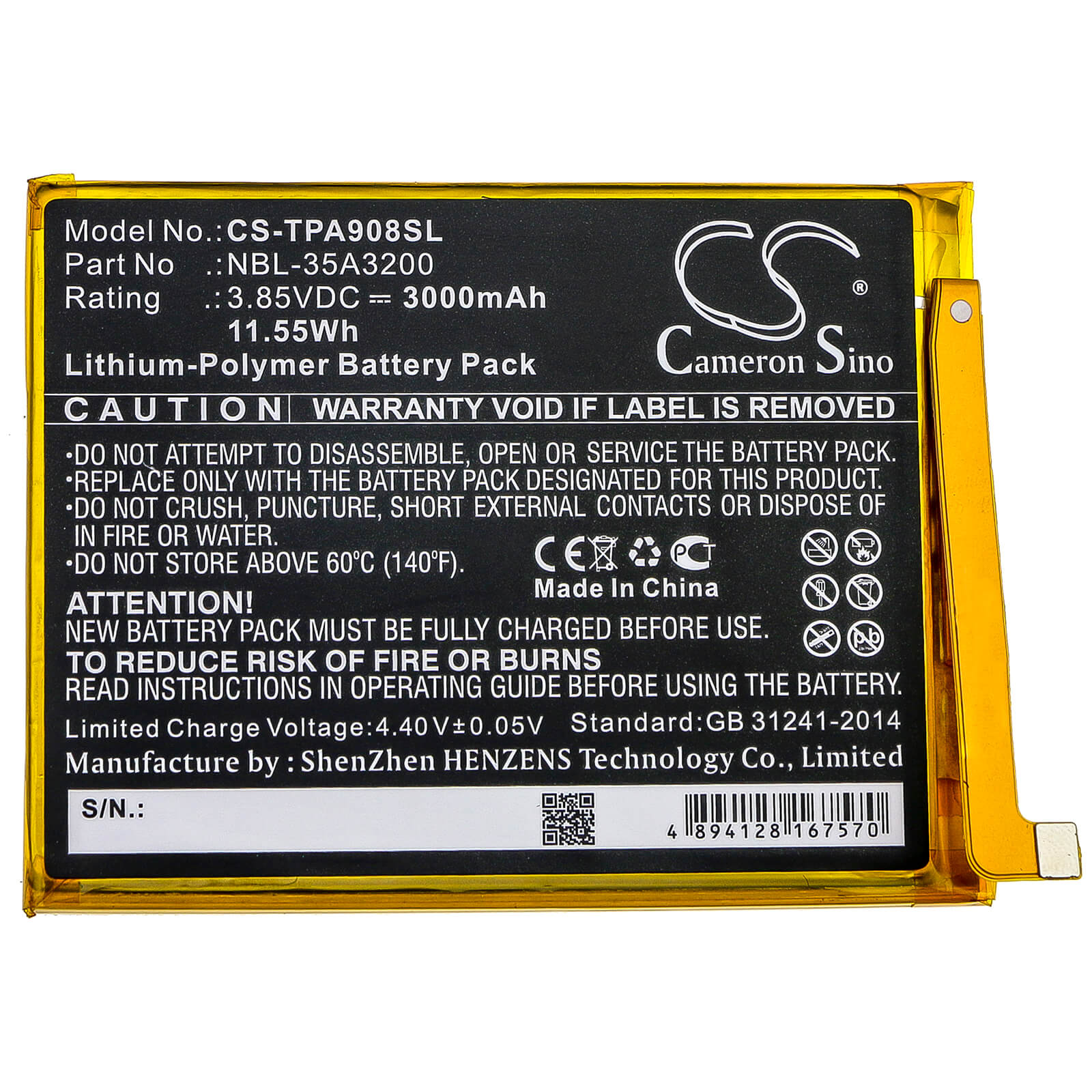 3.85V, 3000mAh, Li-Polymer Battery fits Neffos, N1, Tp908a, 11.55Wh