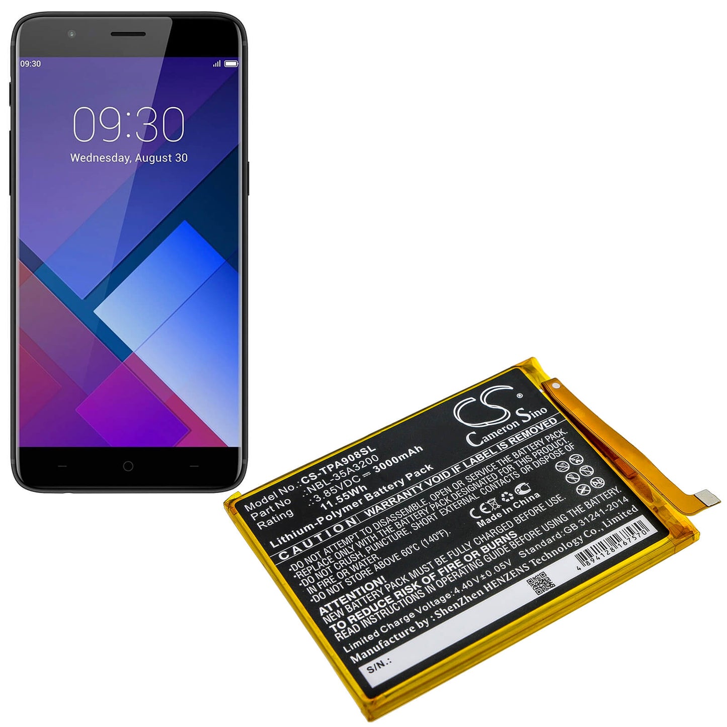 3.85V, 3000mAh, Li-Polymer Battery fits Neffos, N1, Tp908a, 11.55Wh