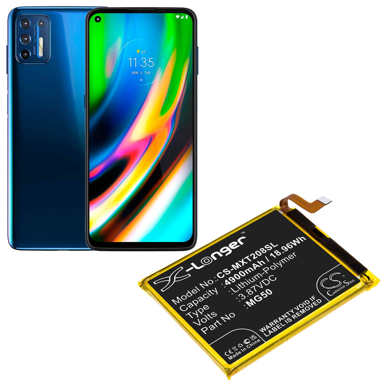 3.87V, 4900mAh, Li-Polymer Battery fits Motorola, Moto G9 Plus, Moto G9 Plus 2020, 18.963Wh