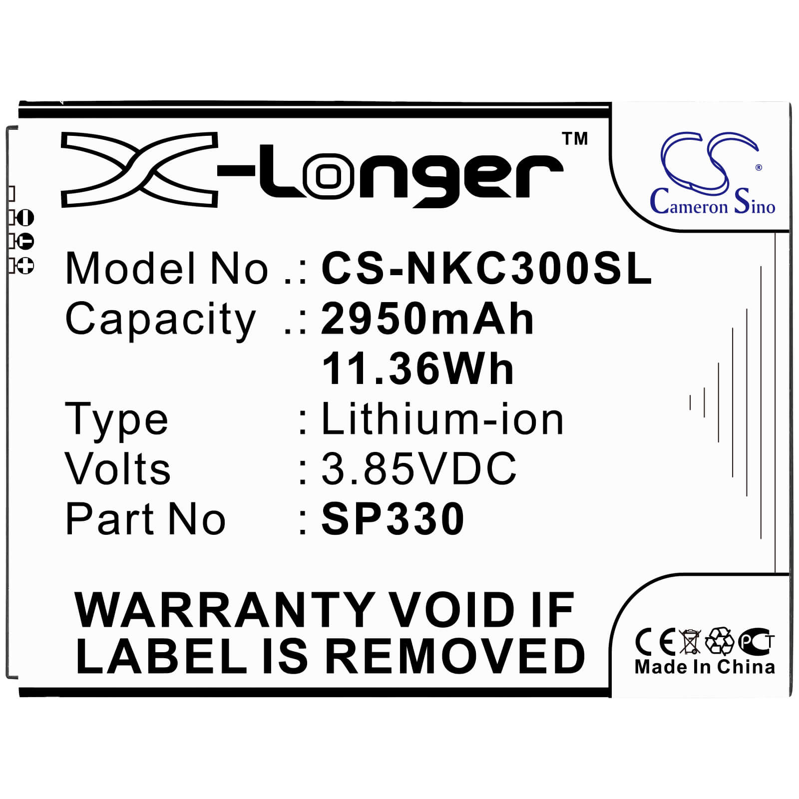 3.85V, 2950mAh, Li-ion Battery fits Nokia, C3 2020, 11.3575Wh