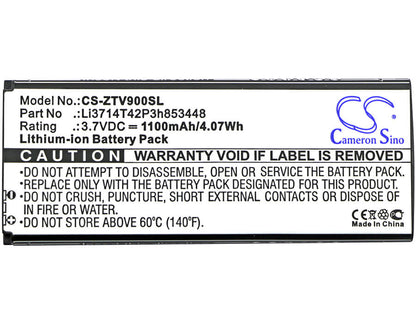 3.7V, 1100mAh, Li-ion Battery fits Zte, G1315, N960s, 4.07Wh
