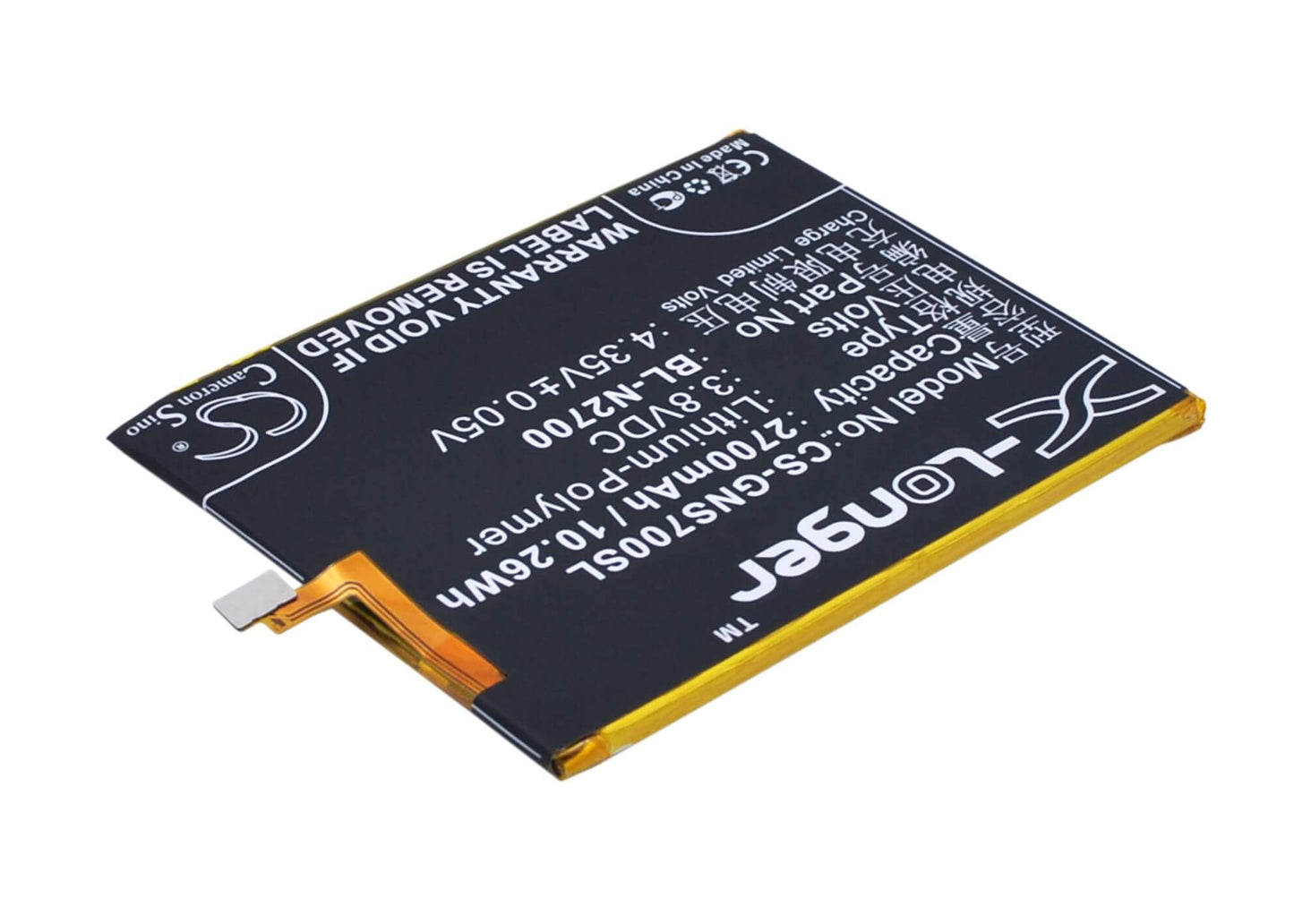 3.8V, 2700mAh, Li-Polymer Battery fits Kazam, Tornado 552l, Tornado 552l Dual Sim Lte, 10.26Wh