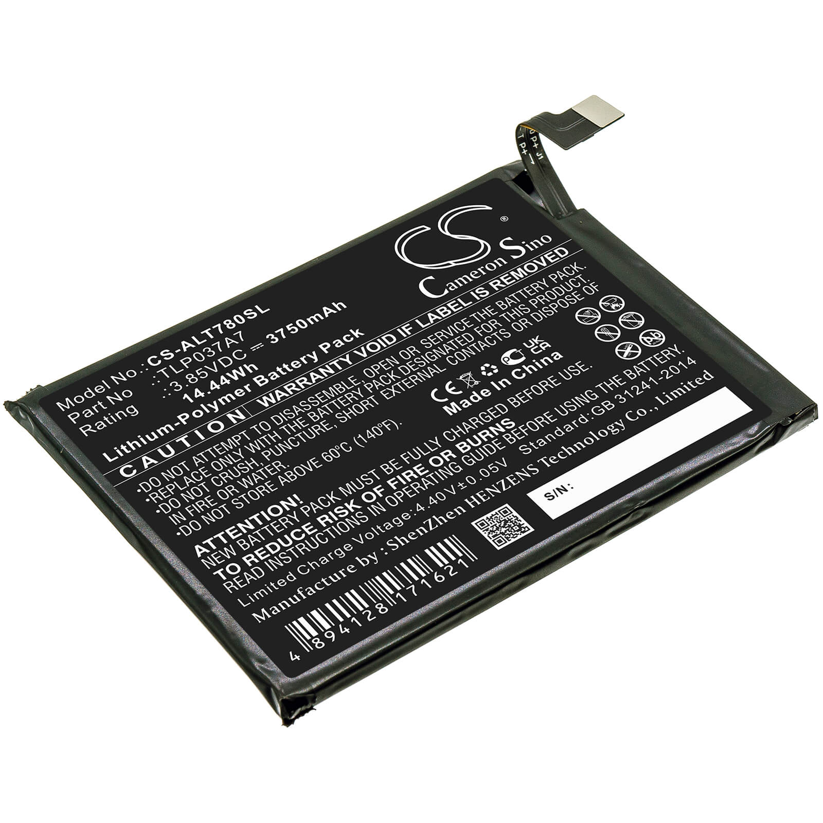 3.85V, 3750mAh, Li-Polymer Battery fits Alcatel, Plex, T780h, 14.4375Wh