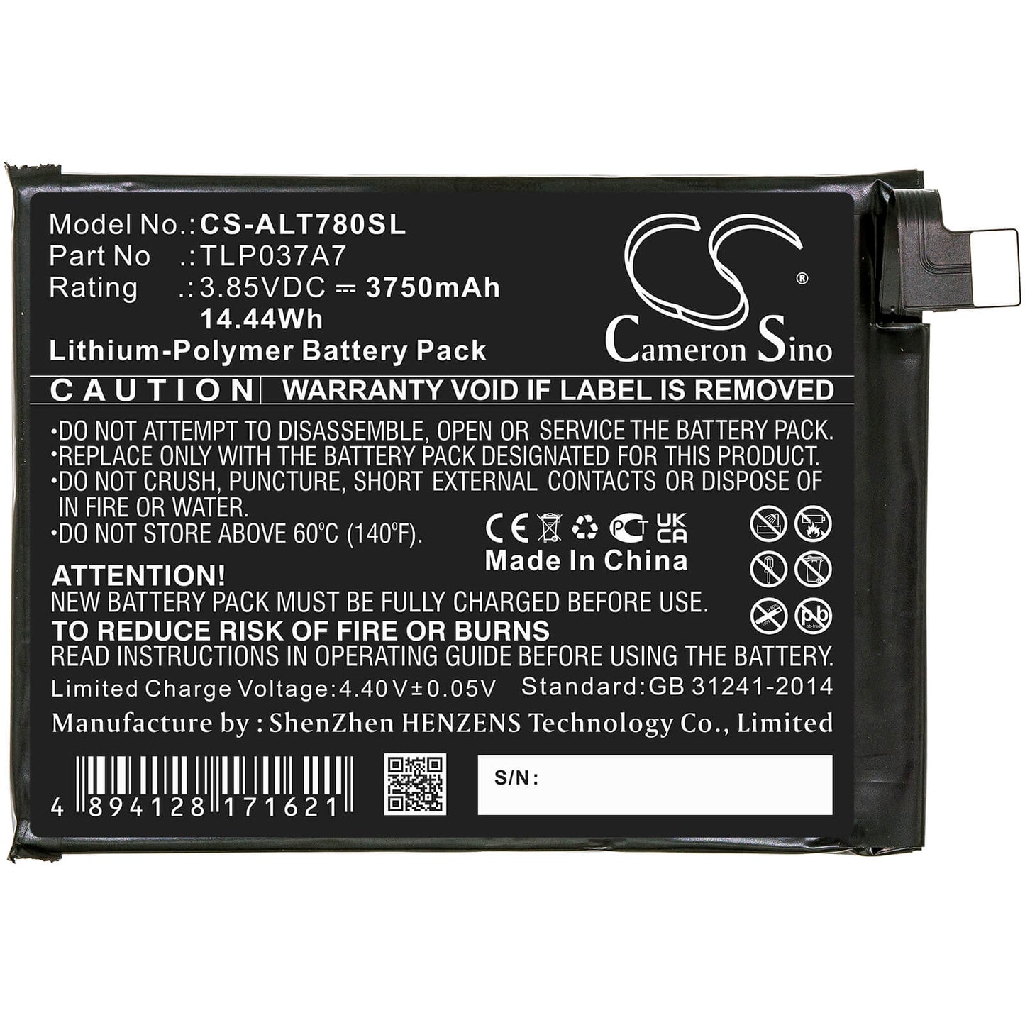 3.85V, 3750mAh, Li-Polymer Battery fits Alcatel, Plex, T780h, 14.4375Wh