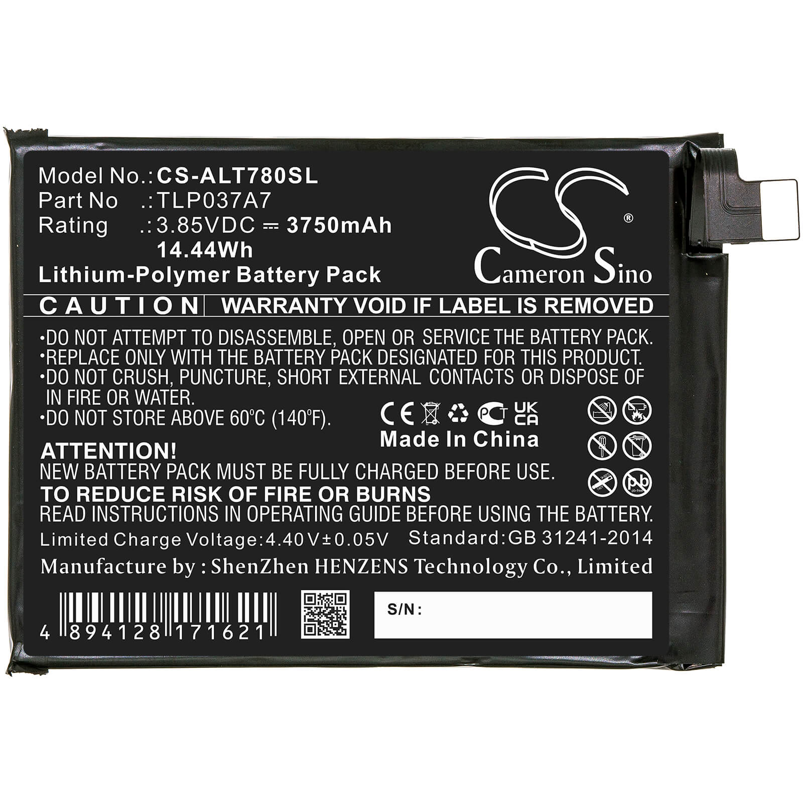 3.85V, 3750mAh, Li-Polymer Battery fits Alcatel, Plex, T780h, 14.4375Wh