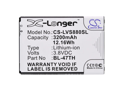 3.8V, 3200mAh, Li-ion Battery fits Lg, B1 Lite, D631, 12.16Wh