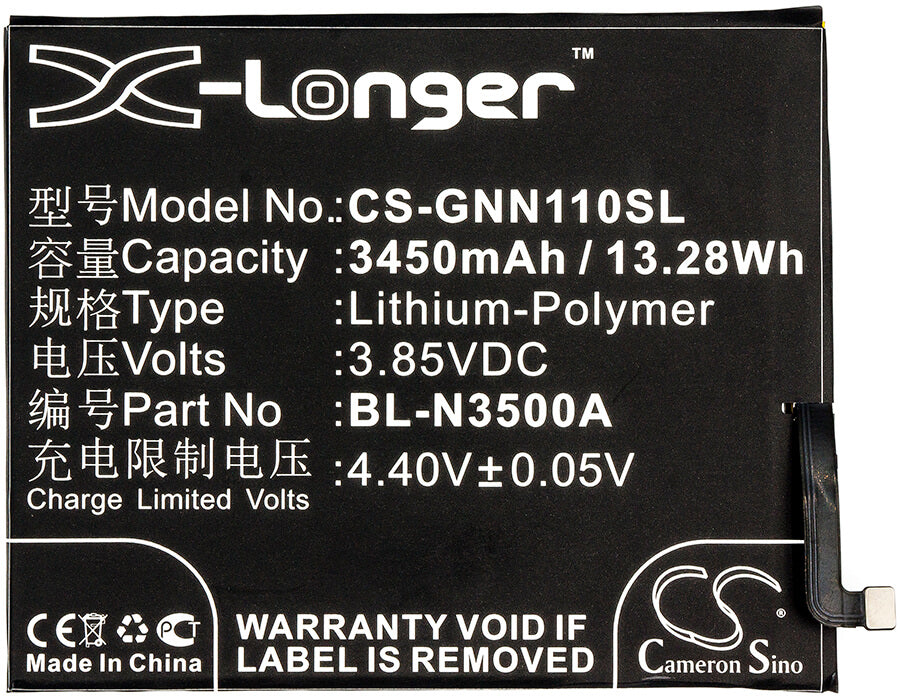 3.85V, 3450mAh, Li-Polymer Battery fits Gionee, Elife S10, Elife S10 Dual Sim, 13.2825Wh