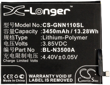 3.85V, 3450mAh, Li-Polymer Battery fits Gionee, Elife S10, Elife S10 Dual Sim, 13.2825Wh