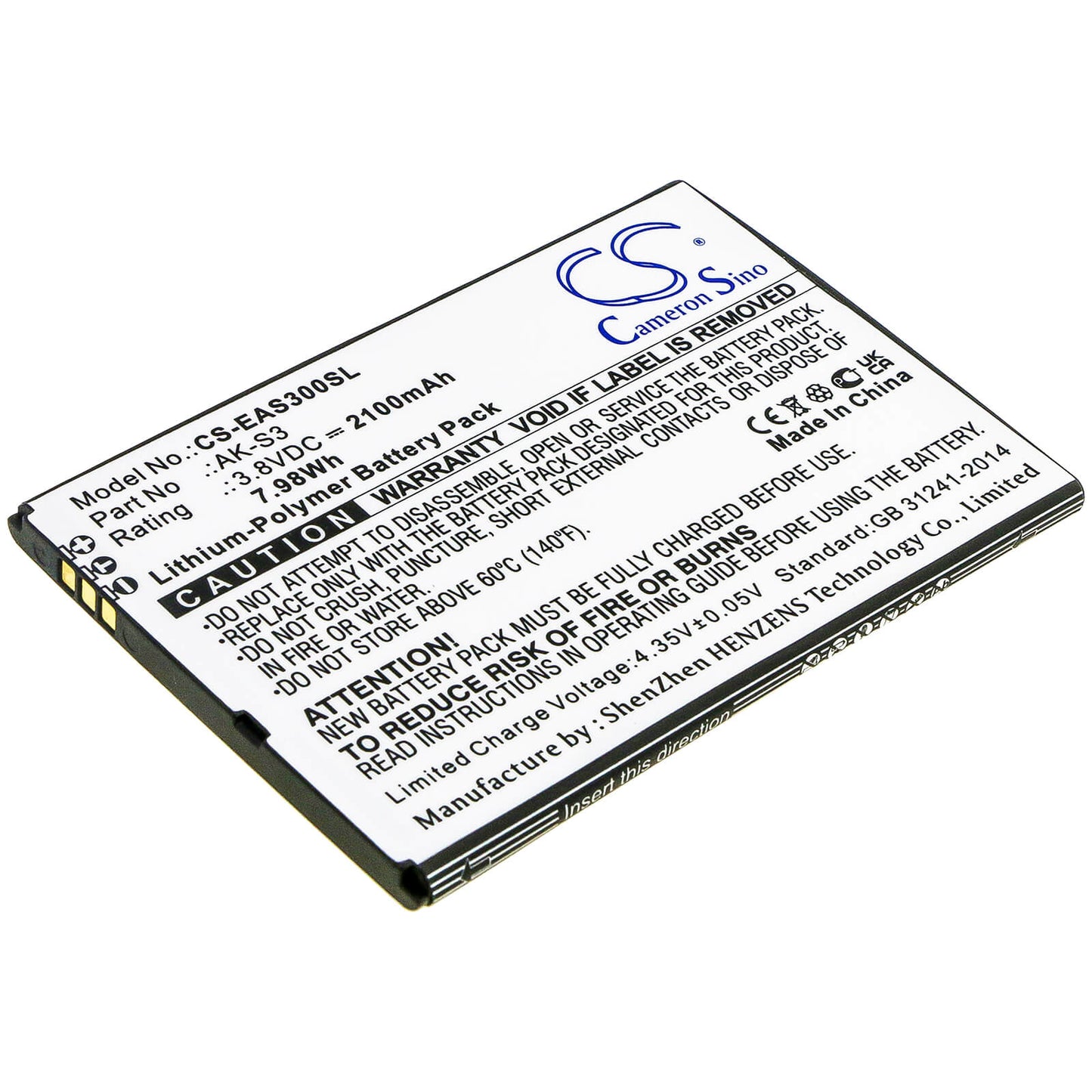 3.8V, 2100mAh, Li-Polymer Battery fits Emporia, Smart 3, 7.98Wh