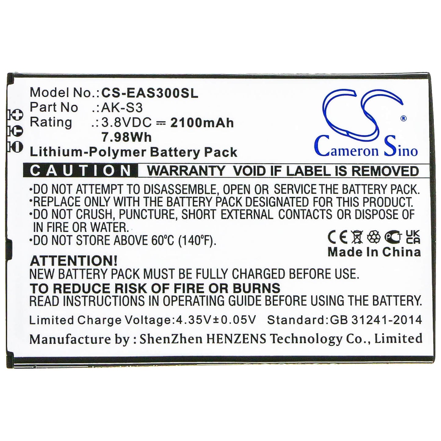 3.8V, 2100mAh, Li-Polymer Battery fits Emporia, Smart 3, 7.98Wh