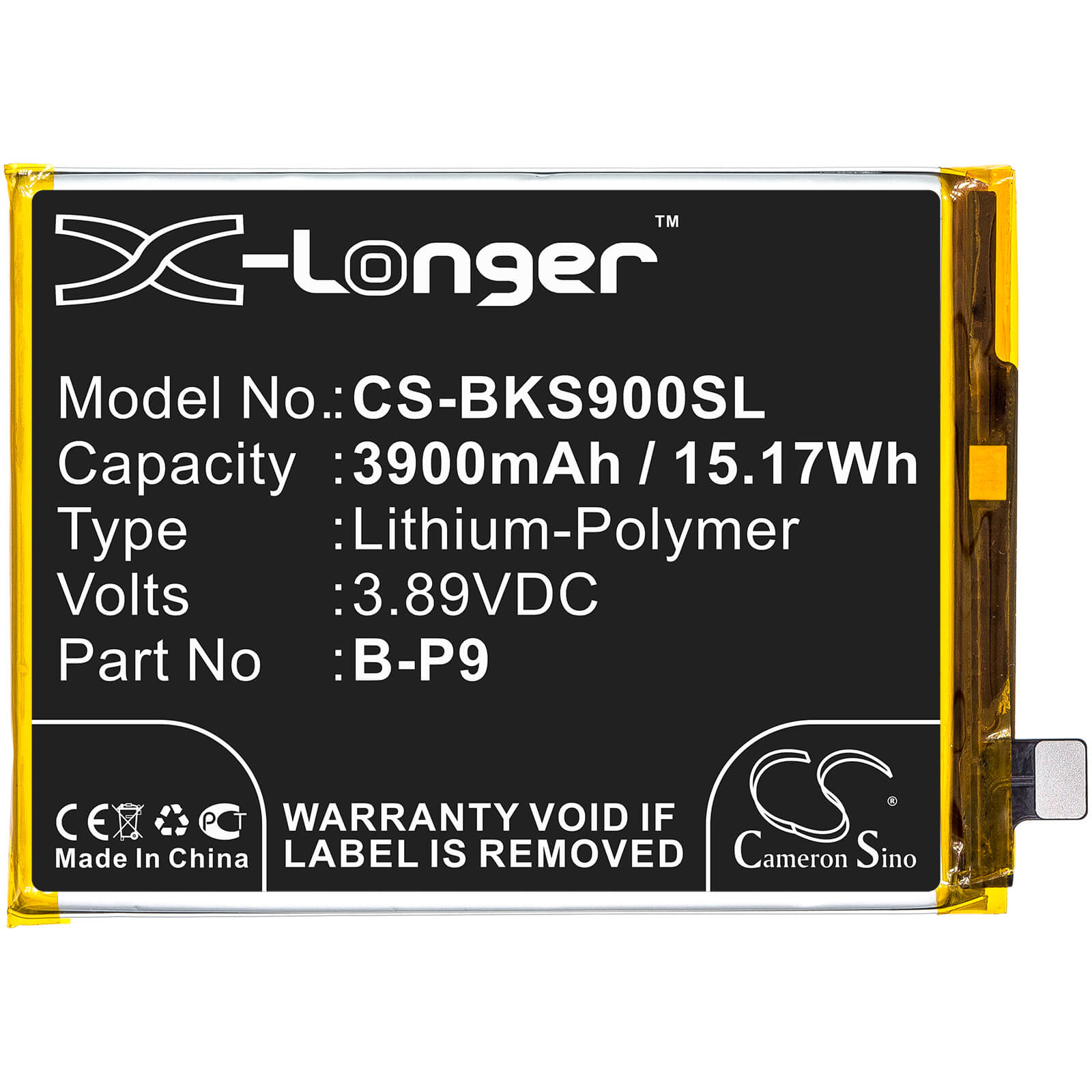 3.89V, 3900mAh, Li-Polymer Battery fits Vivo, S9, V2072a, 15.171Wh
