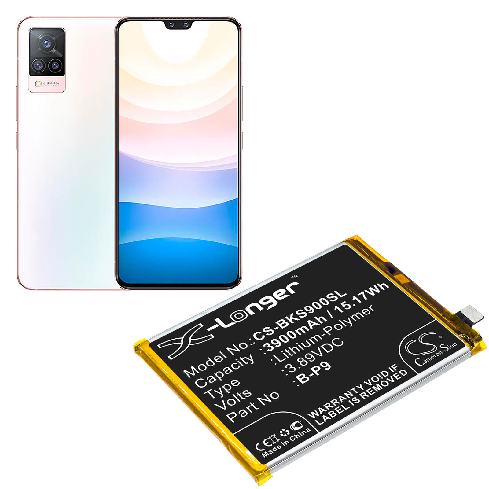 3.89V, 3900mAh, Li-Polymer Battery fits Vivo, S9, V2072a, 15.171Wh