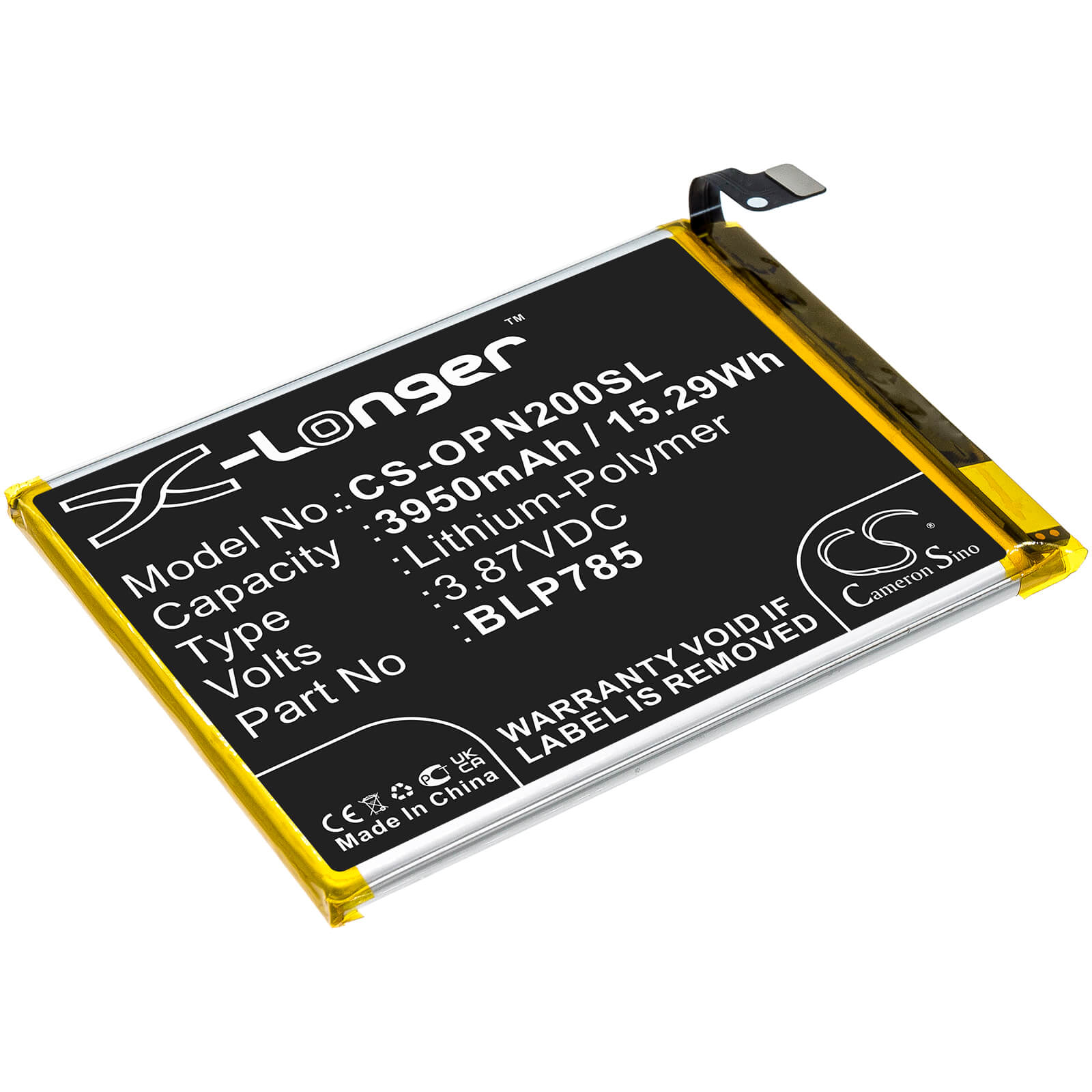 3.87V, 3950mAh, Li-Polymer Battery fits Oneplus, Ac2003, Nord, 15.2865Wh